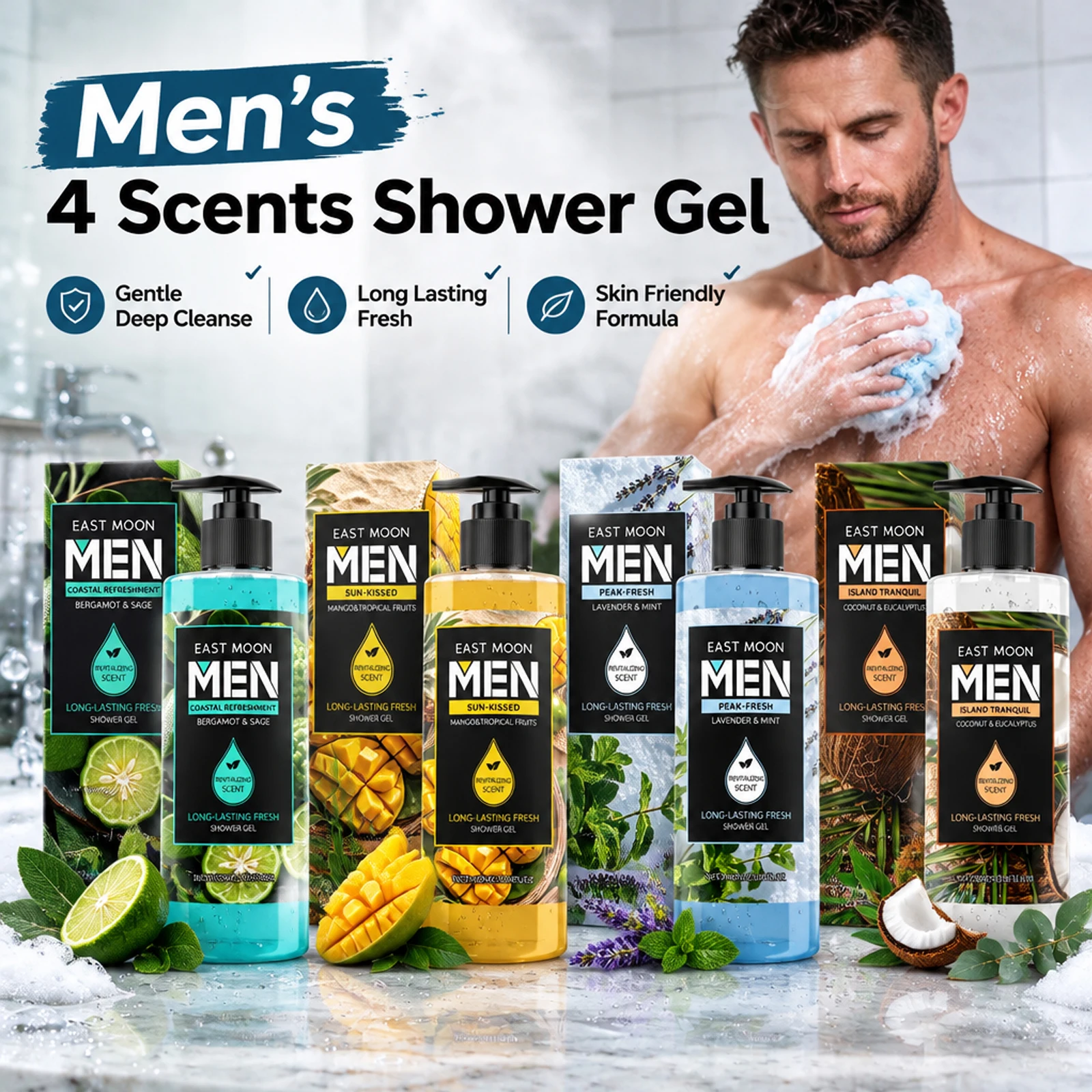 East Moon Men Shower Gel 4 Scents Gentle Deep Cleanse Long Lasting Fresh Scent Moisturizing No Tight Feel Daily Bath Care 100ml