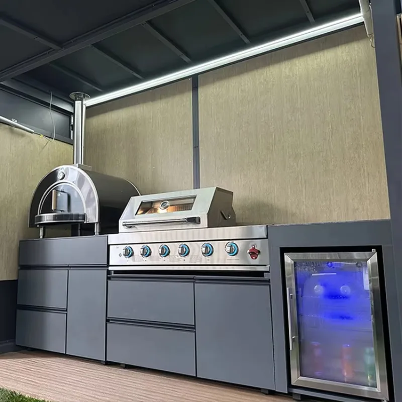 Modern All Stainless Steel Outdoor BBQ Kitchen Set With 4 Burner Gas Charcoal Dual Purpose Grill, Easy Assembly Modular Cabinet