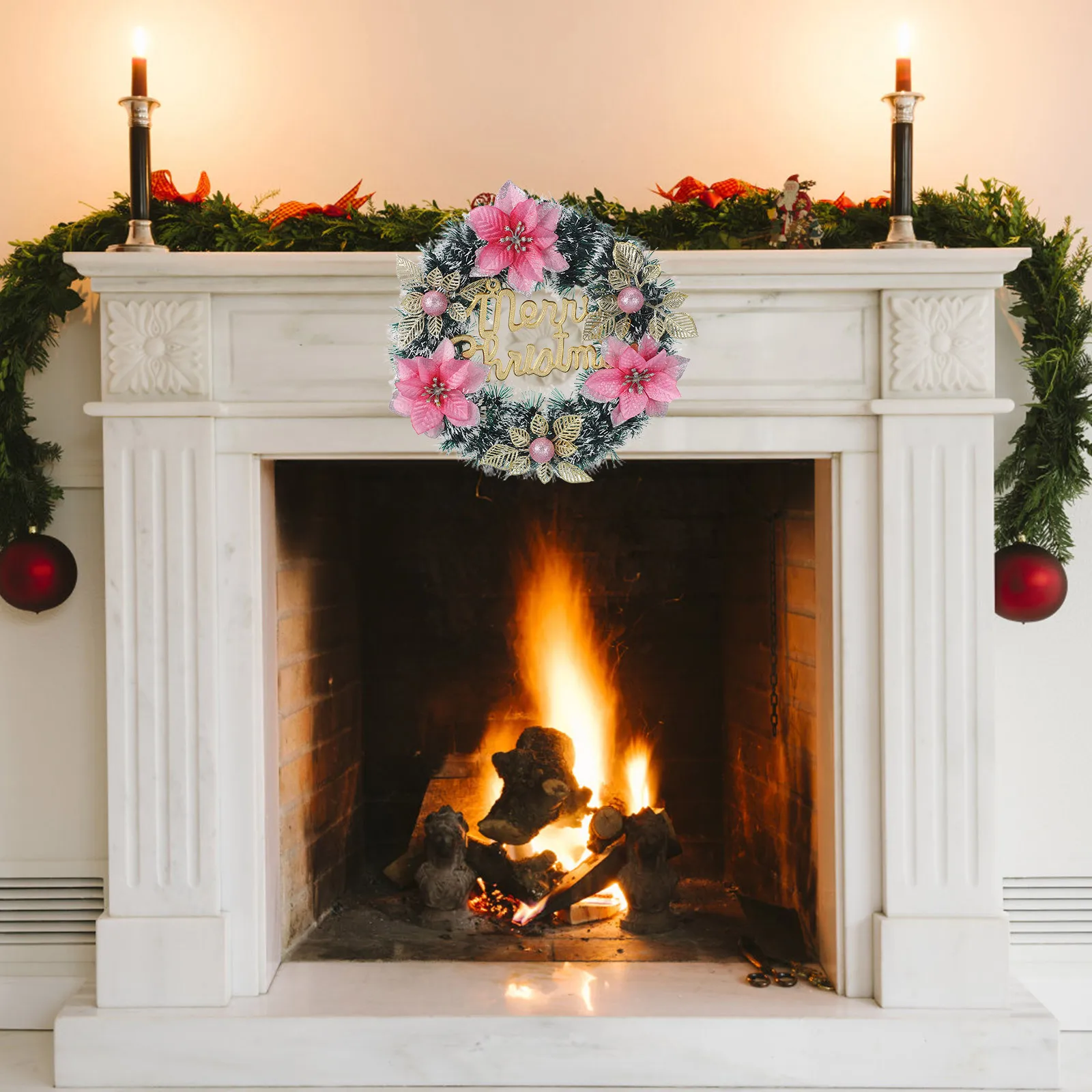 

Christmas Artificial Poinsettia Wreath Berry Bowknot Front Door Holiday Porch Fireplace Window Winter Wreaths for Front Door