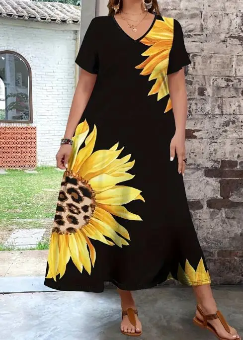 2025 A-lijnjurk met V-hals, zonnebloemprint, hoog getailleerde a-lijnjurk voor zomer, grote maten dames, elegante en casual losse jurk met korte mouwen