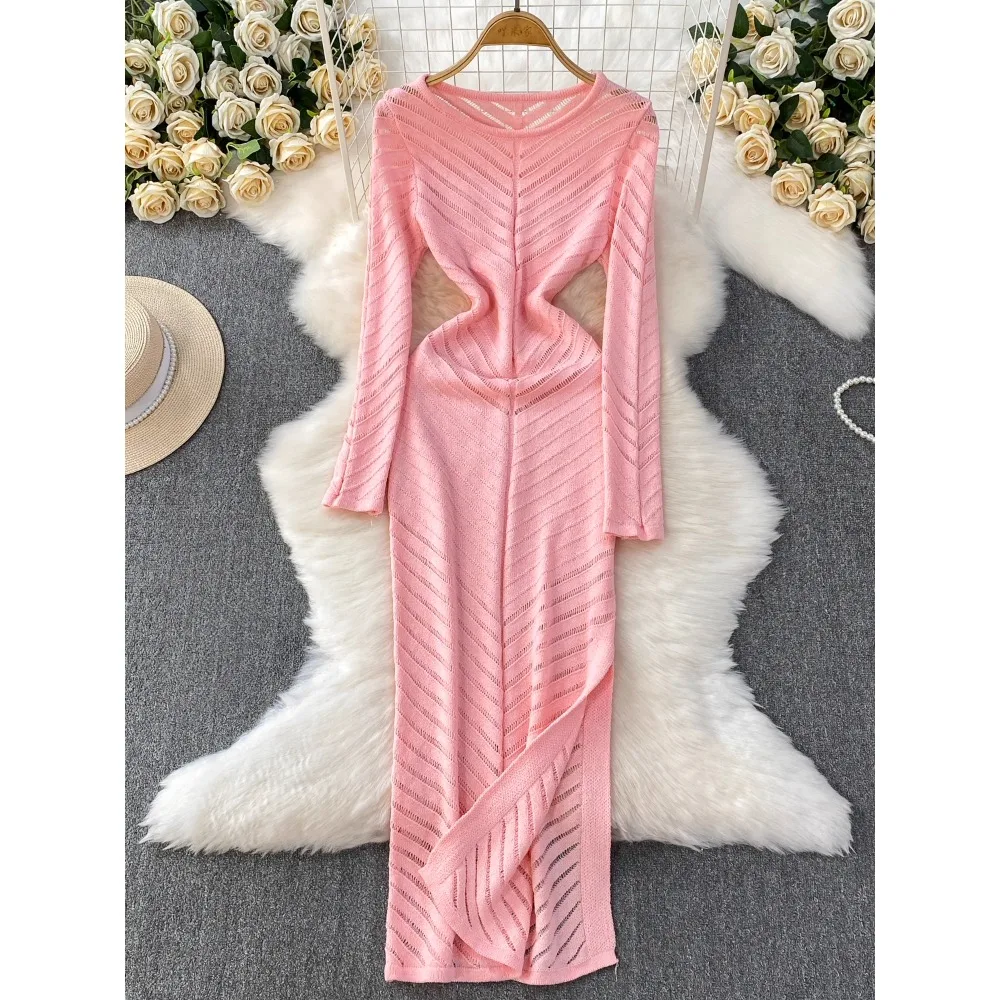 Chic vintage split hollow out dress Elegant Fairy korean fashion Boho Sundress Beach women clothing dress