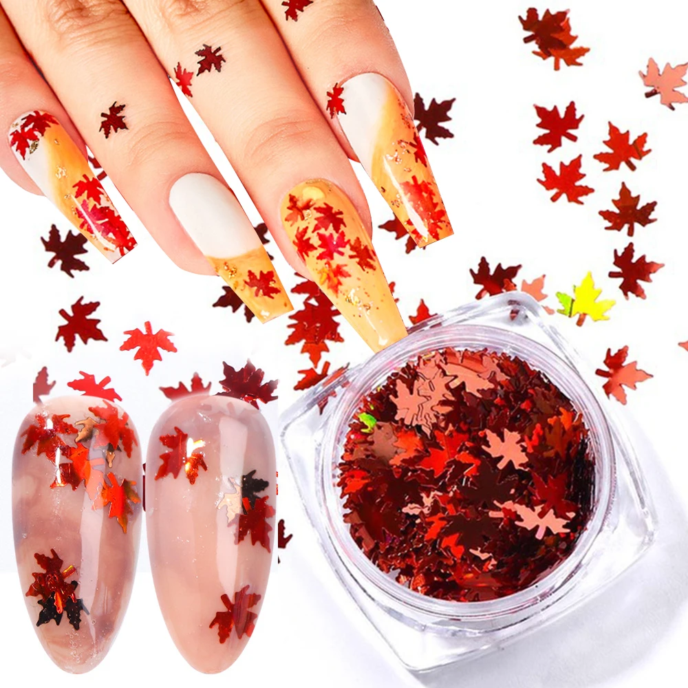 Maple Leaf Nail Glitter Powder Shiny Golden Fallen Leaf Flakes DIY Autumn Nail Supplies For Professional Decoration Accessories