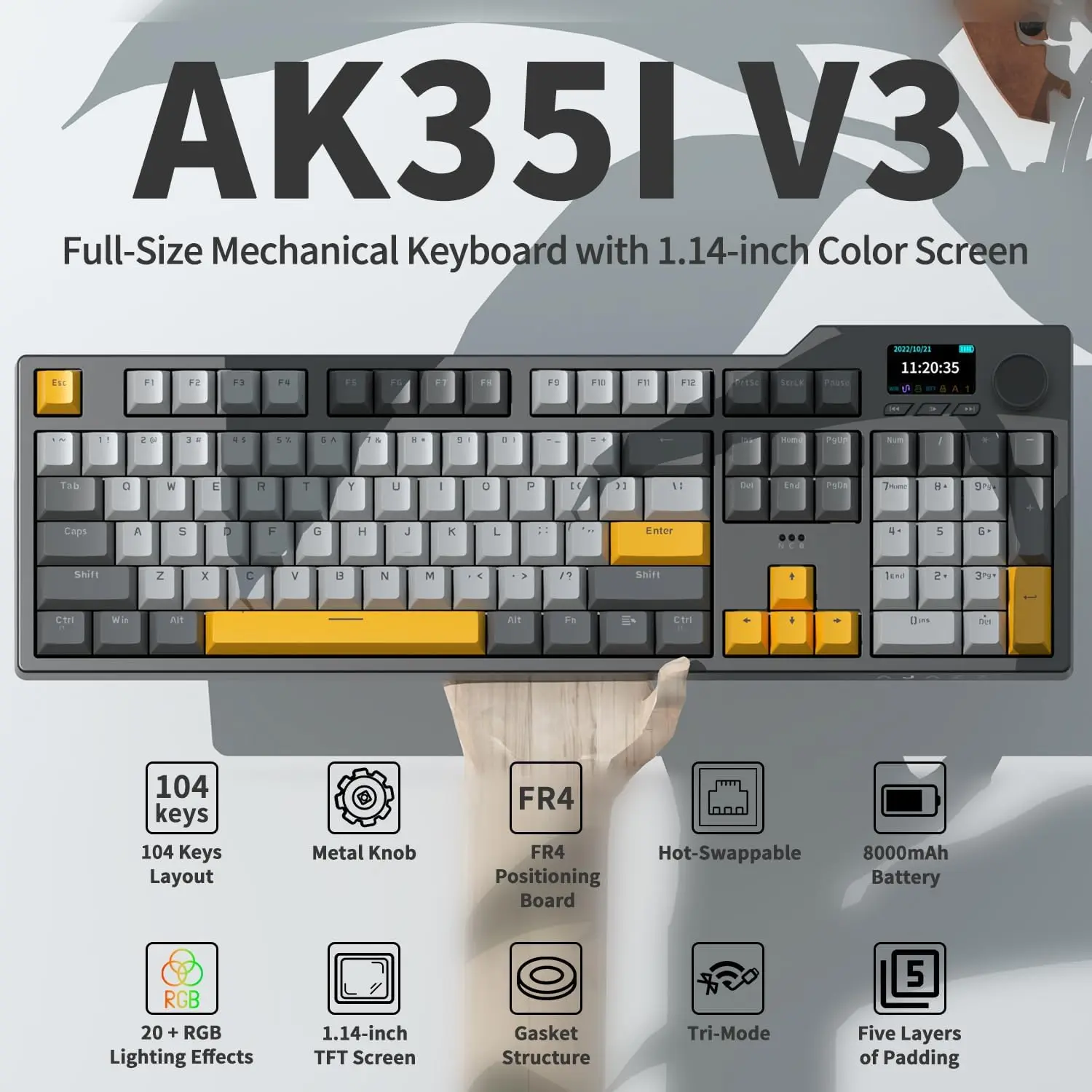 AJAZZ AK35I V3 Full Size Hot Swap mechanisch gamingtoetsenbord met scherm en knop, drie-modus aansluiting FR4 plaat 8000mAh, LED RGB