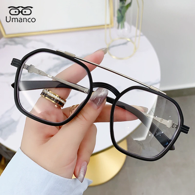 Retro Fashion Double Beam Square Myopia Glasses for Men Women Anti Blue Light Black Transparent Finish Prescription Eyewear -1.0