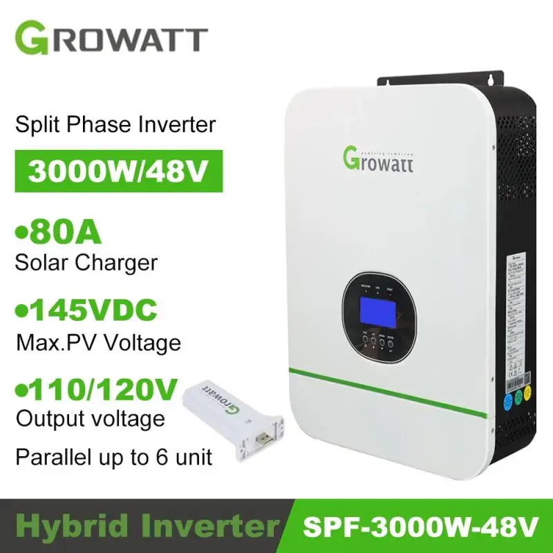 

Growatt 120V Solar Inverter Spf 3000Tl Lvm--24P 3Kw 3Kva Max Pv Input Voltage 145V Mppt 80A Off Grid Split Phase Inverter