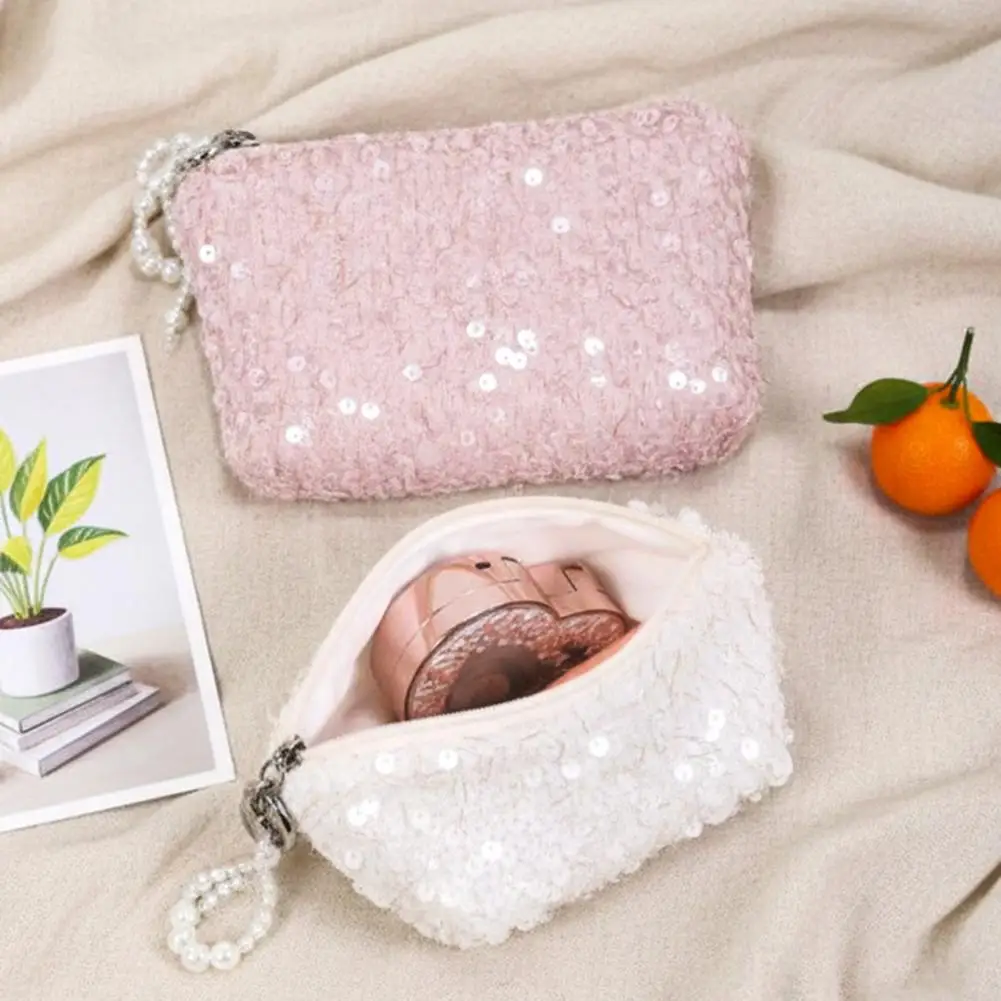 Opening Makeup Bag Sequined Cosmetic Bag with Faux Pearl Bow Stylish Glittery Makeup Clutch Portable Travel Toiletry for Women