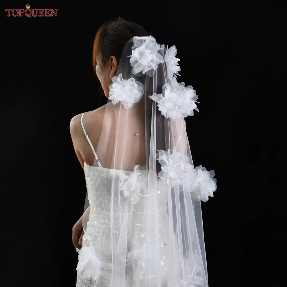 TOPQUEEN V259 Perle Fiori 3D Velo da sposa Veli da sposa Lungo Veu Sposa 3 metri Cattedrale Goccia Velo Velo da sposa bianco puro