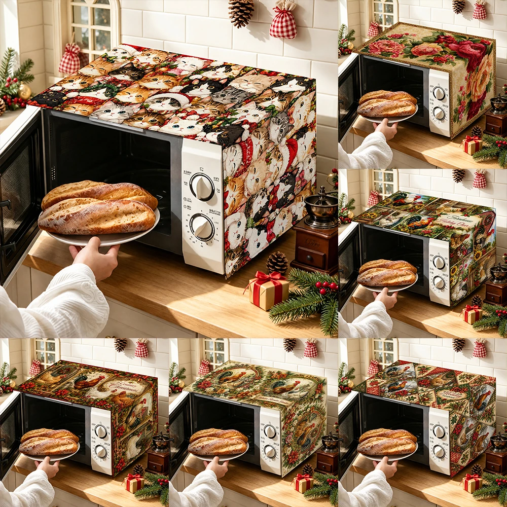 1pc Christmas Farmhouse Microwave Oven Cover, Cute Cat & Rooster Print Kitchen Appliance Dust Protector Decor