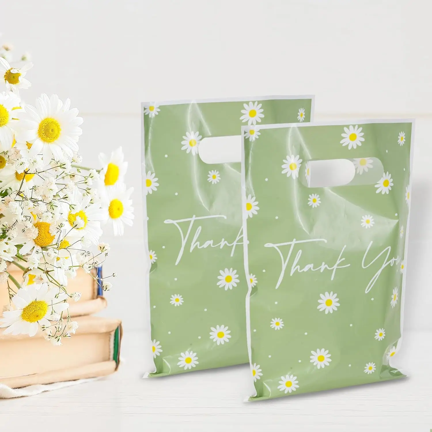 50 Stück süße grüne Gänseblümchen-Blumen-Thema-Geschenkverpackungsbeutel, Kekse, Süßigkeitenbeutel für Kinder, Geburtstag, Baby, Shwoer, Hochzeit, Party-Dekoration