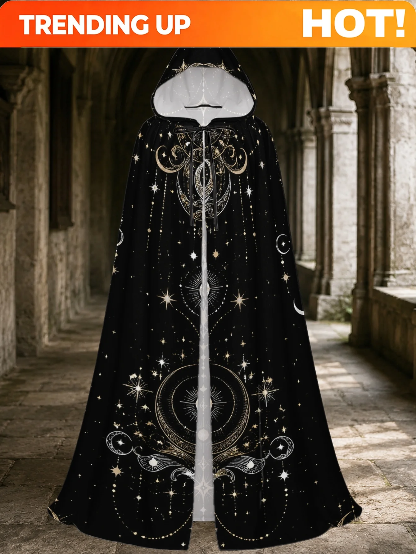 Customization 1pc Medieval Renaissance Cloak Hooded Costume With Ornate Black Moon & Star Print - Loose-Fit Hooded Robe Suitable