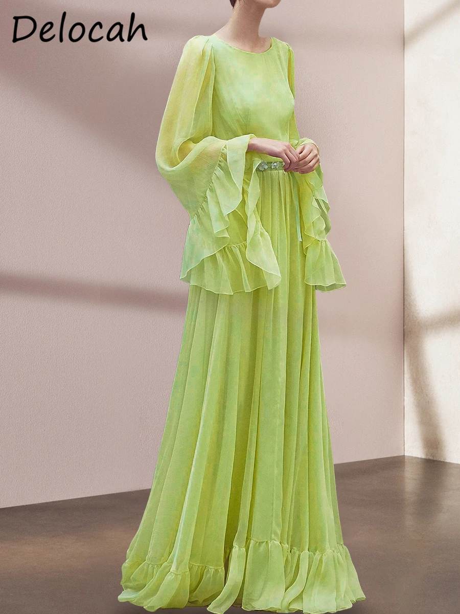 

Delocah High Quality Spring Women Fashion Runway Holiday Maxi Dress Flying Long Sleeve Green High Waist Appliques Ruffle Dresses