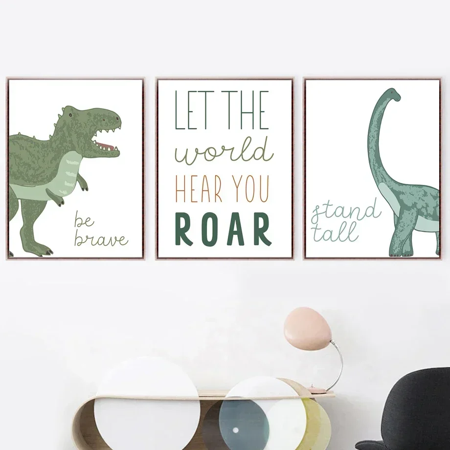 Boy Room Wall Art Print Cartoon Dinosaur Roar Quotes Nursery Canvas Painting Nordic Poster Wall Pictures Kids Room School Decor