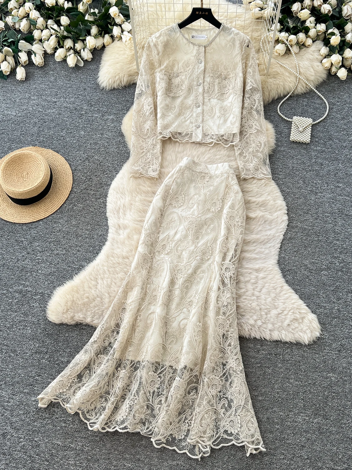 Elegant Lace Splicing Embroidered Open Cardigan Skirt Two-Piece Set Women's Slimming Autumn Fashion Casual Commute Style