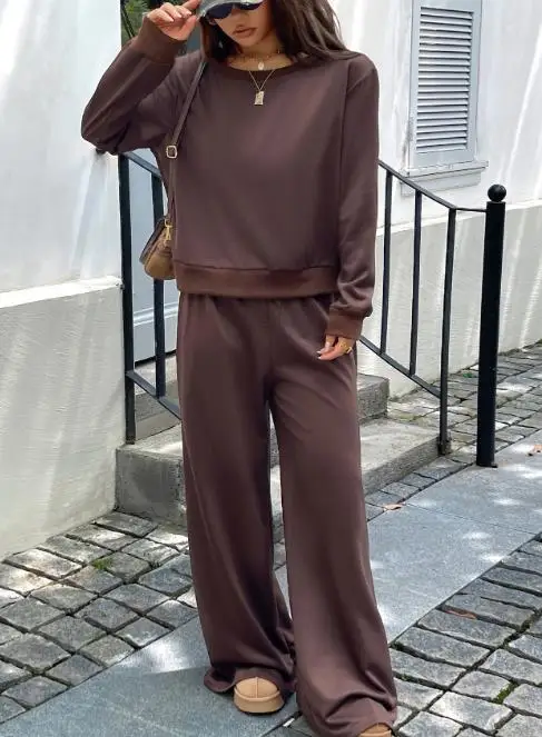 

Spring Classic Casual Women's 2-Piece Solid Color Simple Round Neck Loose Long Sleeve Top Low Waist Straight Pants Set