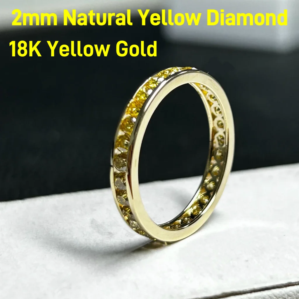 18K Ring Solid Yellow Gold 2mm Natural Diamonds Round Yellow Diamond Tennis Rings Jewelry