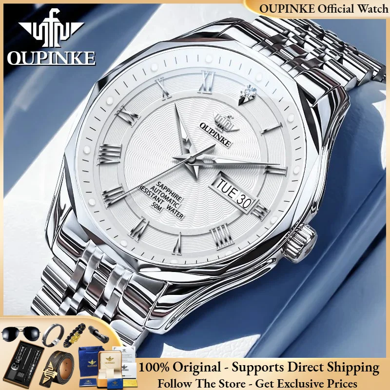 100% OUPINKE 3207 True Diamond Men Automatic Mechanical Watch Swiss Brand Luxury Sapphire Mirror Waterproof Men Genuine Watch