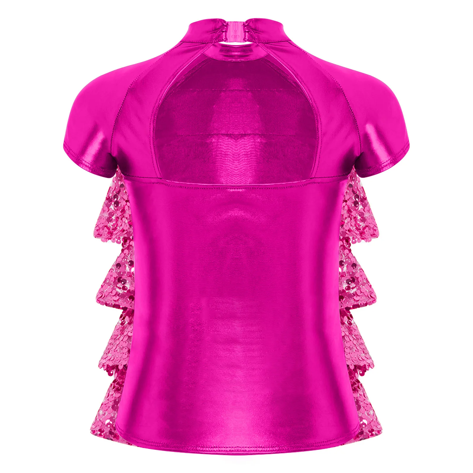 Kids Girls Sequins Metallic Ballet Jazz Latin Dance Top Performance Costumes Short Sleeve Shiny Sequins Mesh Tiered Back Cut Top
