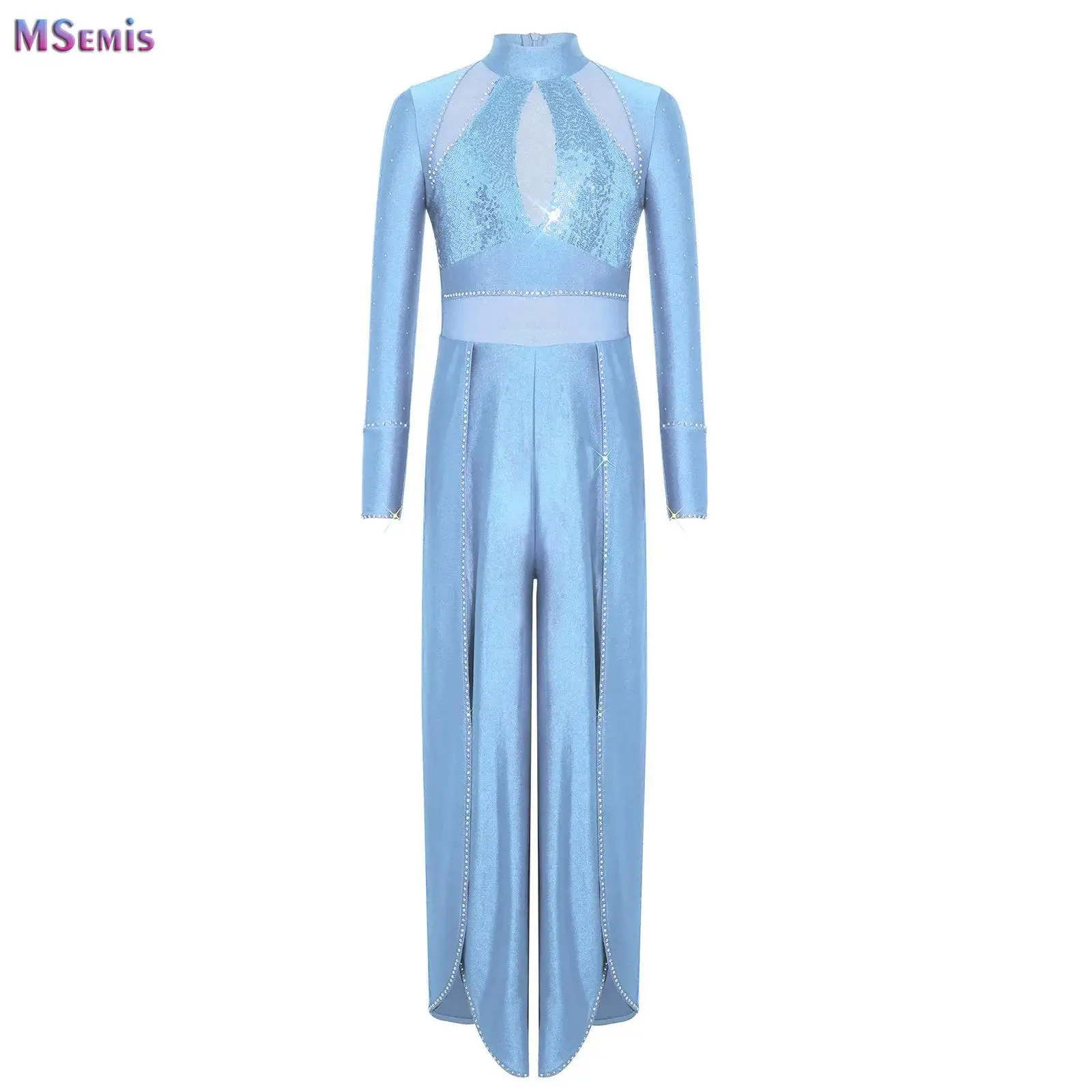 

Kids Girls Modern Lyrical Dance Jumpsuit Jazz Rhythmic Gymnastics Ballet Dancing Costume Shiny Sequins Bodice Wide-Leg Bodysuit