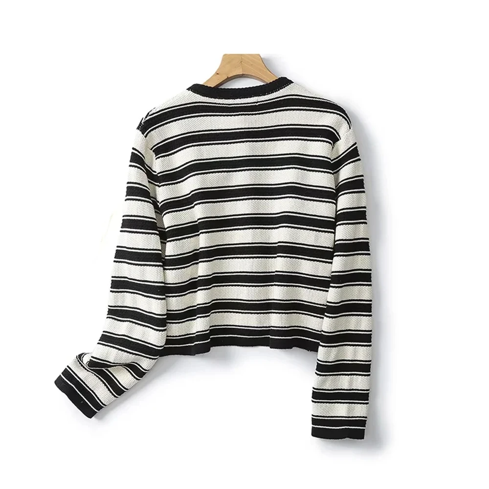 Cos Lris 2024 Autumn New Style Simple Black and White Striped Knitted Short Coat for Women 05660513800