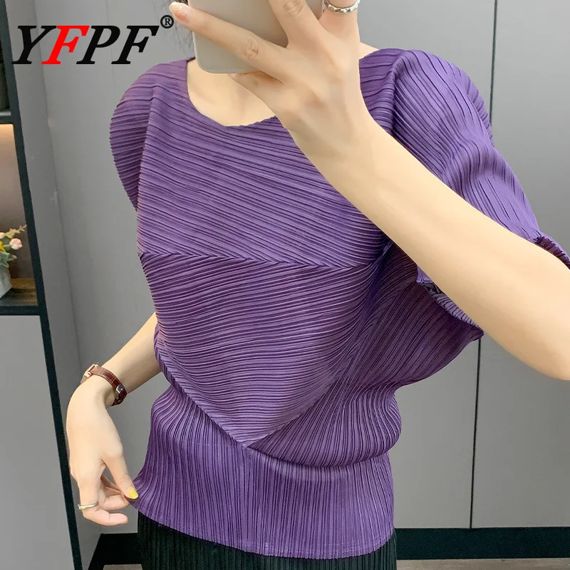 

YFPF Miyake плиссированная женская футболка модная с коротким рукавом асимметричная со сборкой на талии однотонные топы повседневная новая одежда 2025
