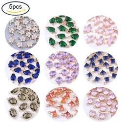 Conectores de eslabones de vidrio transparente de 5 piezas, accesorios de latón, flor facetada/media REDONDA/rombo/lágrima, luz dorada para joyería