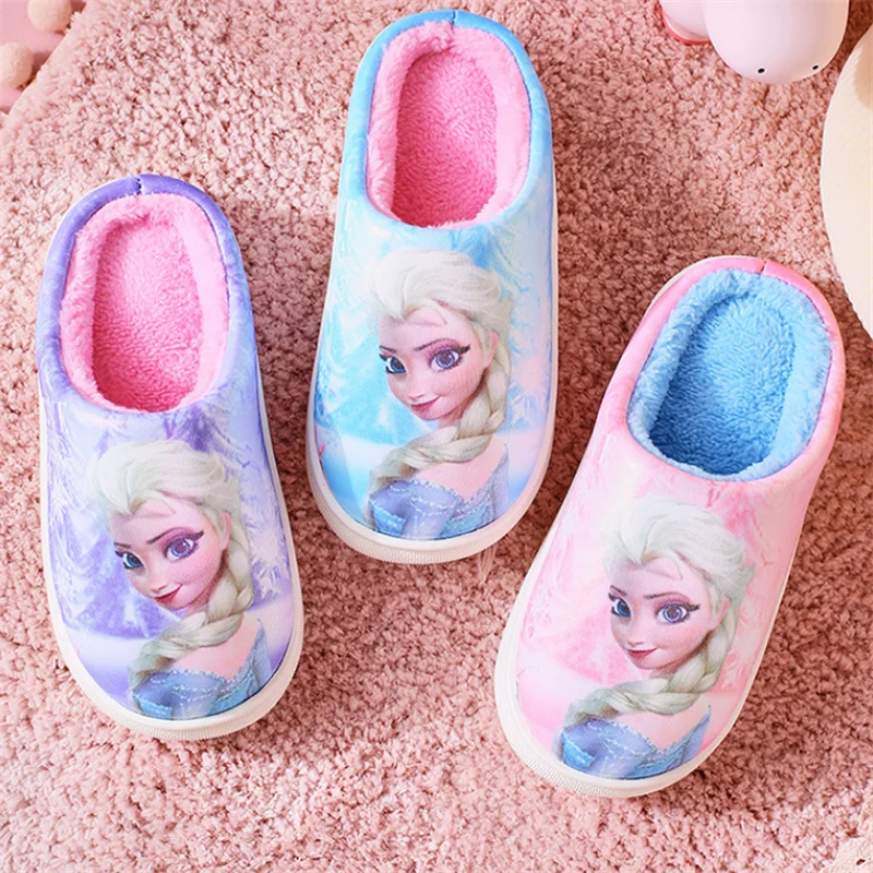 

Домашние тапочки Disney «Холодное сердце», Эльза, принцесса, плюшевые дизайнерские Детские тарелки, теплая обувь без застежки, обувь для маленьких девочек, плоская подошва