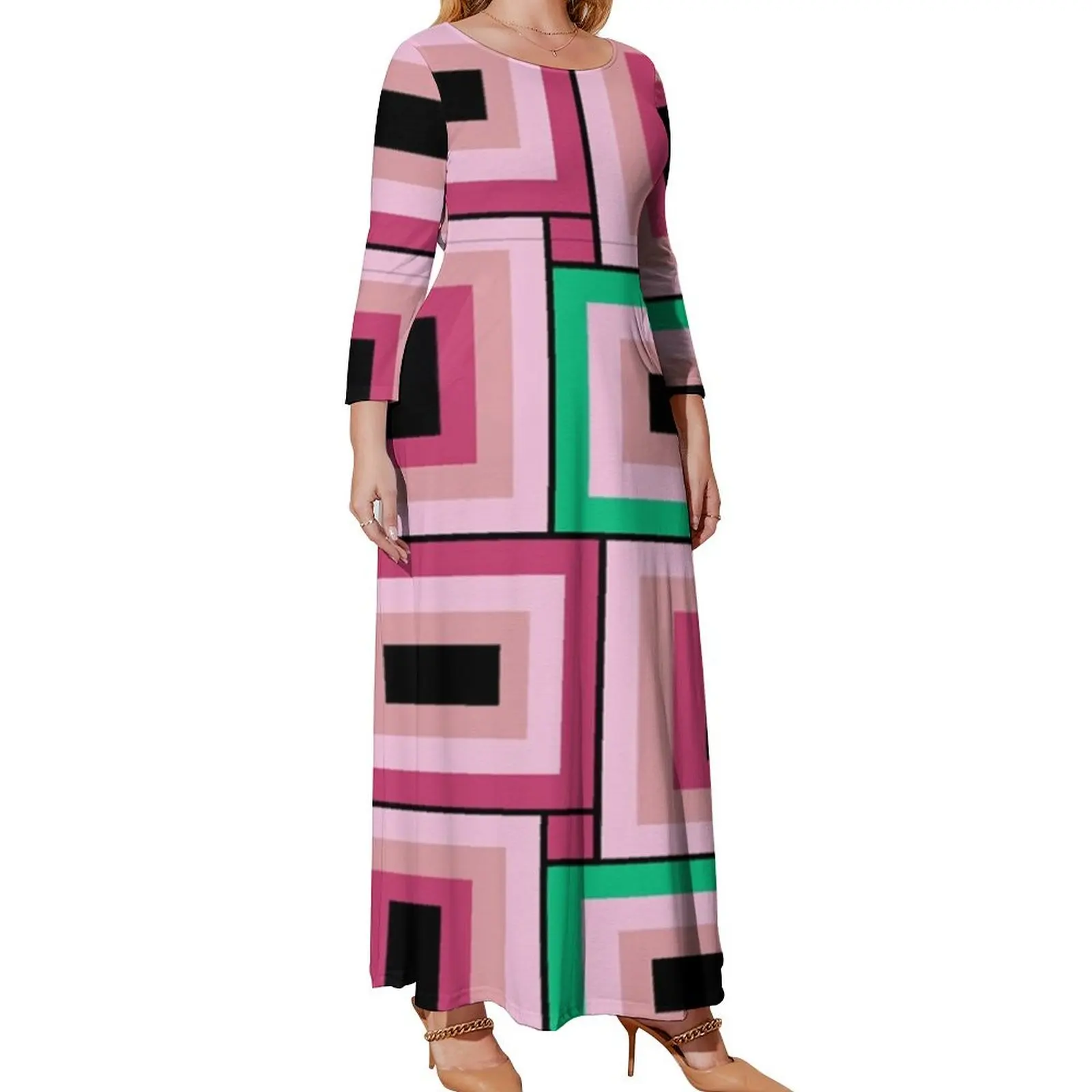 중간 세기 핑크 및 녹색 직사각형 패턴 긴팔 원피스 신부 드레스, 여성 여름 원피스 2024