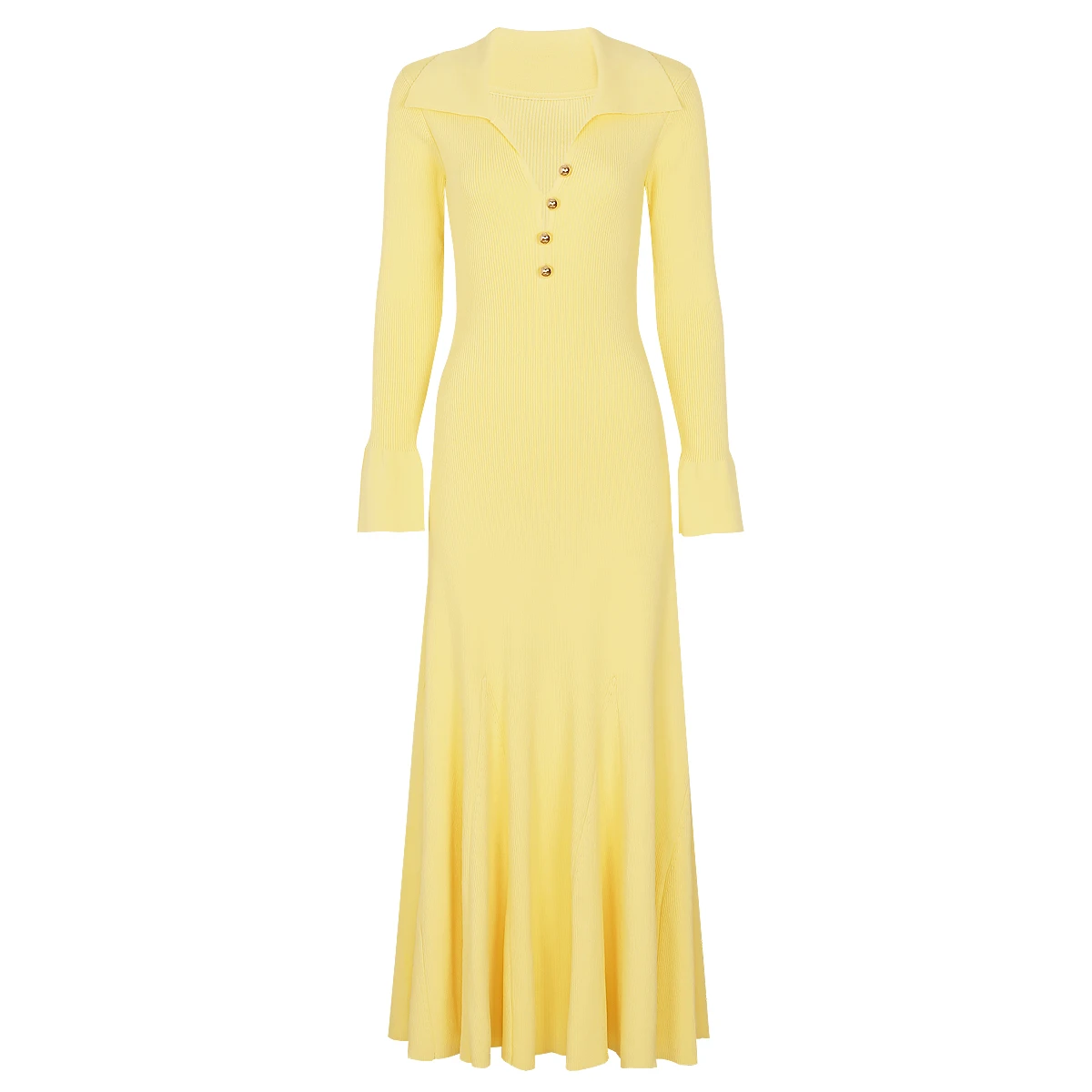 

High Quality Spring And Autumn New Fashionable Women's Commuting Long Sleeved Lapel Button Knit Versatile Slim Fit Long Dress