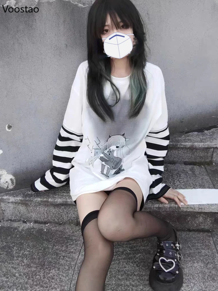 Spring Autumn Harajuku Gothic Punk Loose T-Shirts Streetwear Y2k Anime Print Removable Long Sleeve Tees Women Sweet Clothing