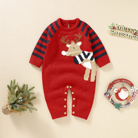 Red Newborn Christmas Rompers Clothes Cute Reindeer Knitted Infant Boys Girls Long Sleeve Jumpsuits Toddler One Pieces Overalls