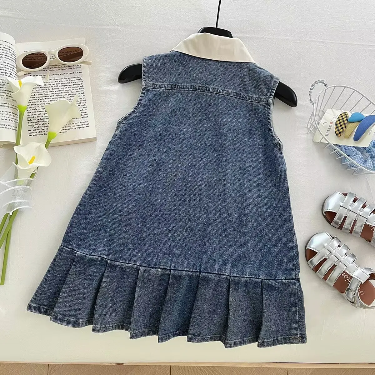 

Spring and Summer Girls' Denim Dress, Baby Girl's Lapel Vest Skirt, Korean Children's Trendy and Cool Children's Skirt