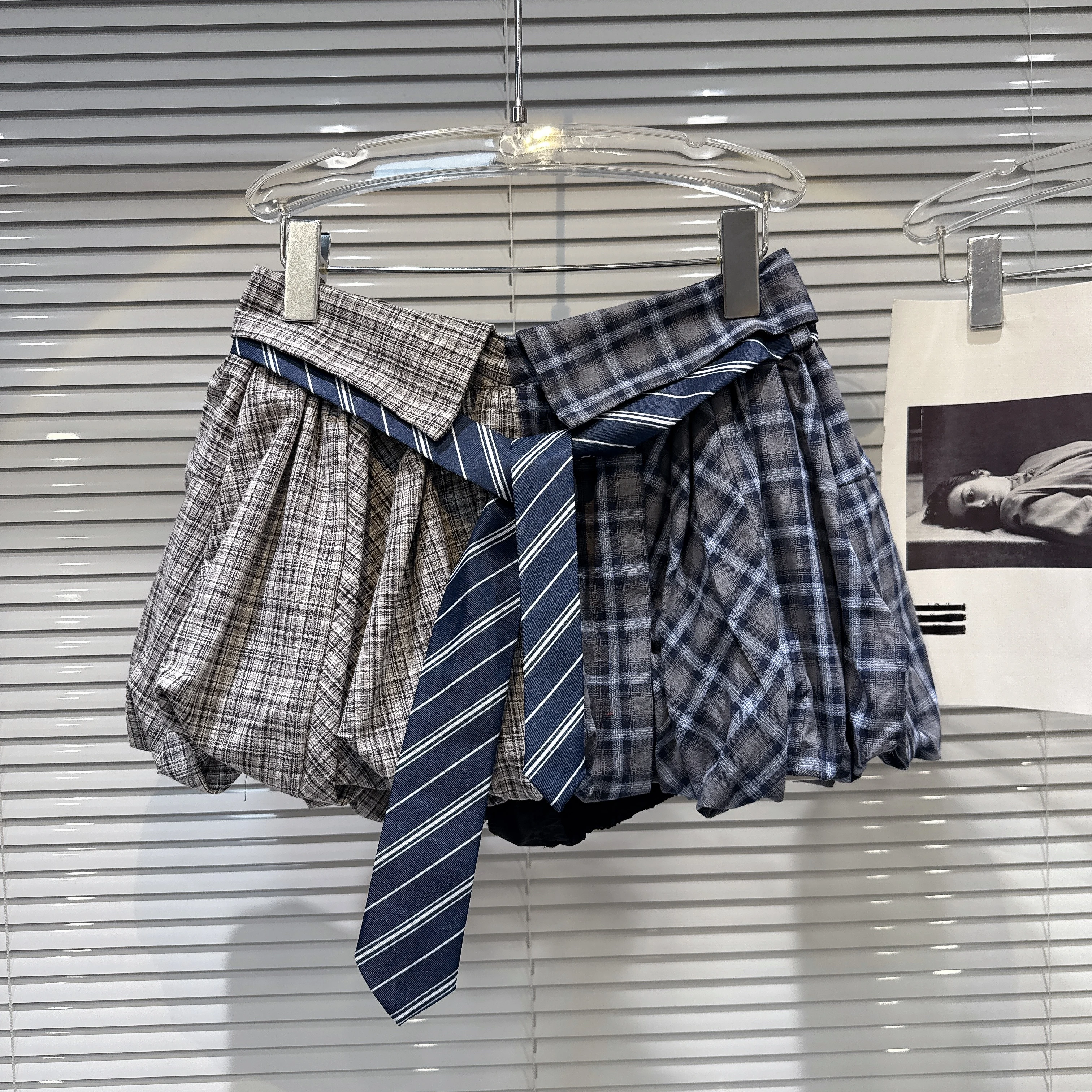 2025 Fall Sweet Cool Girl Plaid Tie Waist Contrast Bubble Skirt Mini Skirt Y2k Skirt