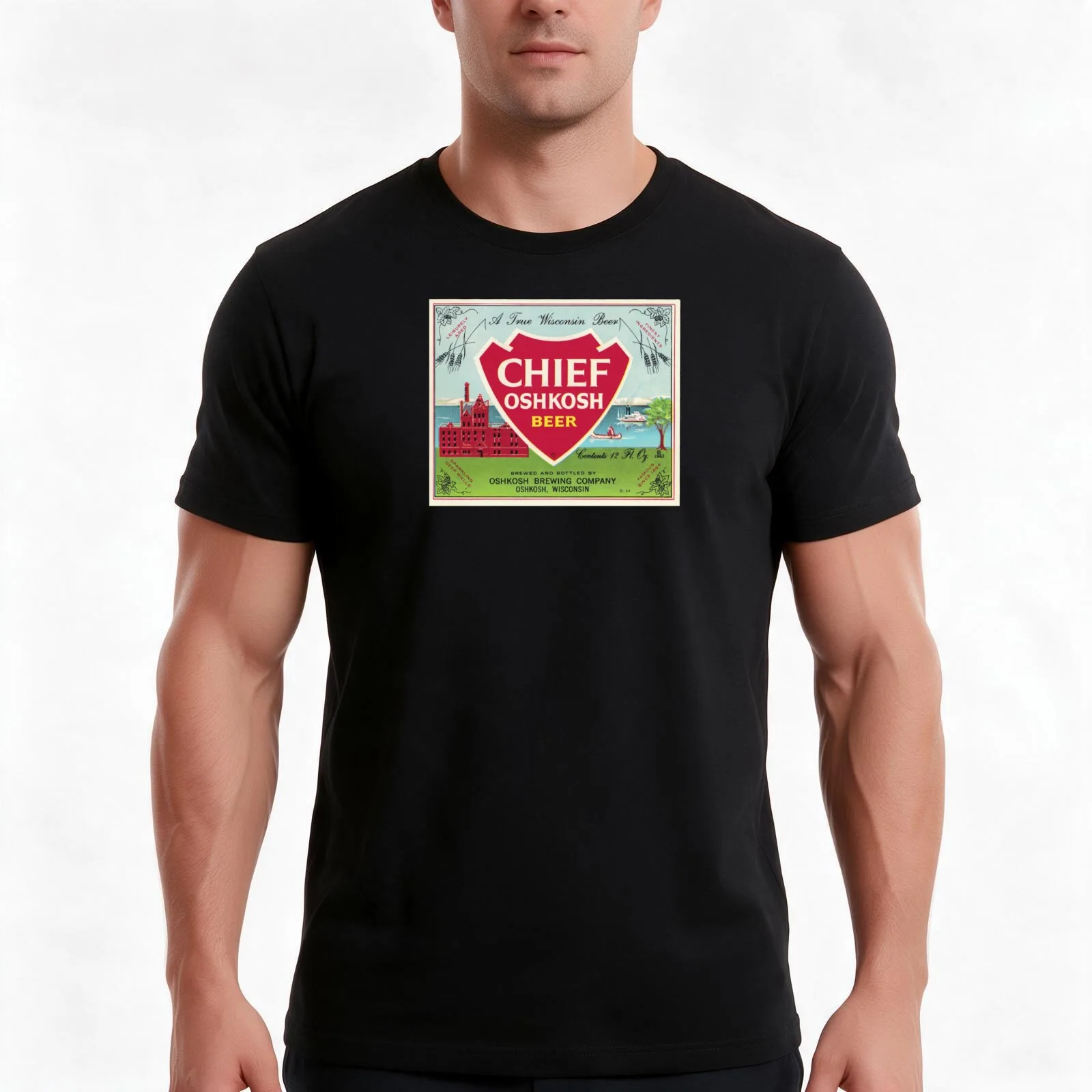 Chief Oshkosh Beer Label T-Shirt, Summer Casual Cotton Tee, Oversized Streetwear Tops, Vintage Graphic Print, Unisex Men Women