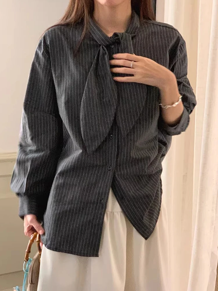 Ele Spring Stripe irt Women's Loose Long Sve  Knot Design Single Button Chic Korean Sle Office Commute