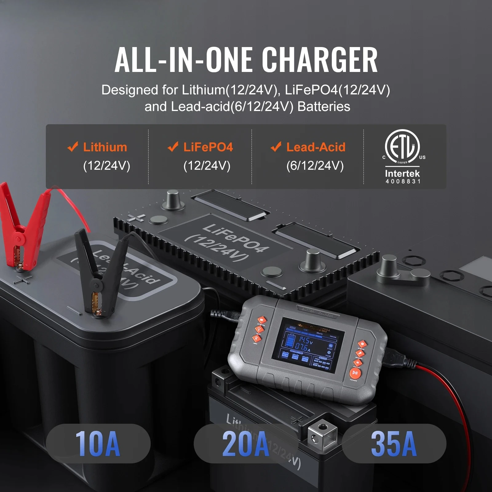 Charger 35-Amp Lithium LiFePO4  (AGM/Gel/SLA) LCD Display Trickle Charger for Boat Motorcycle Use