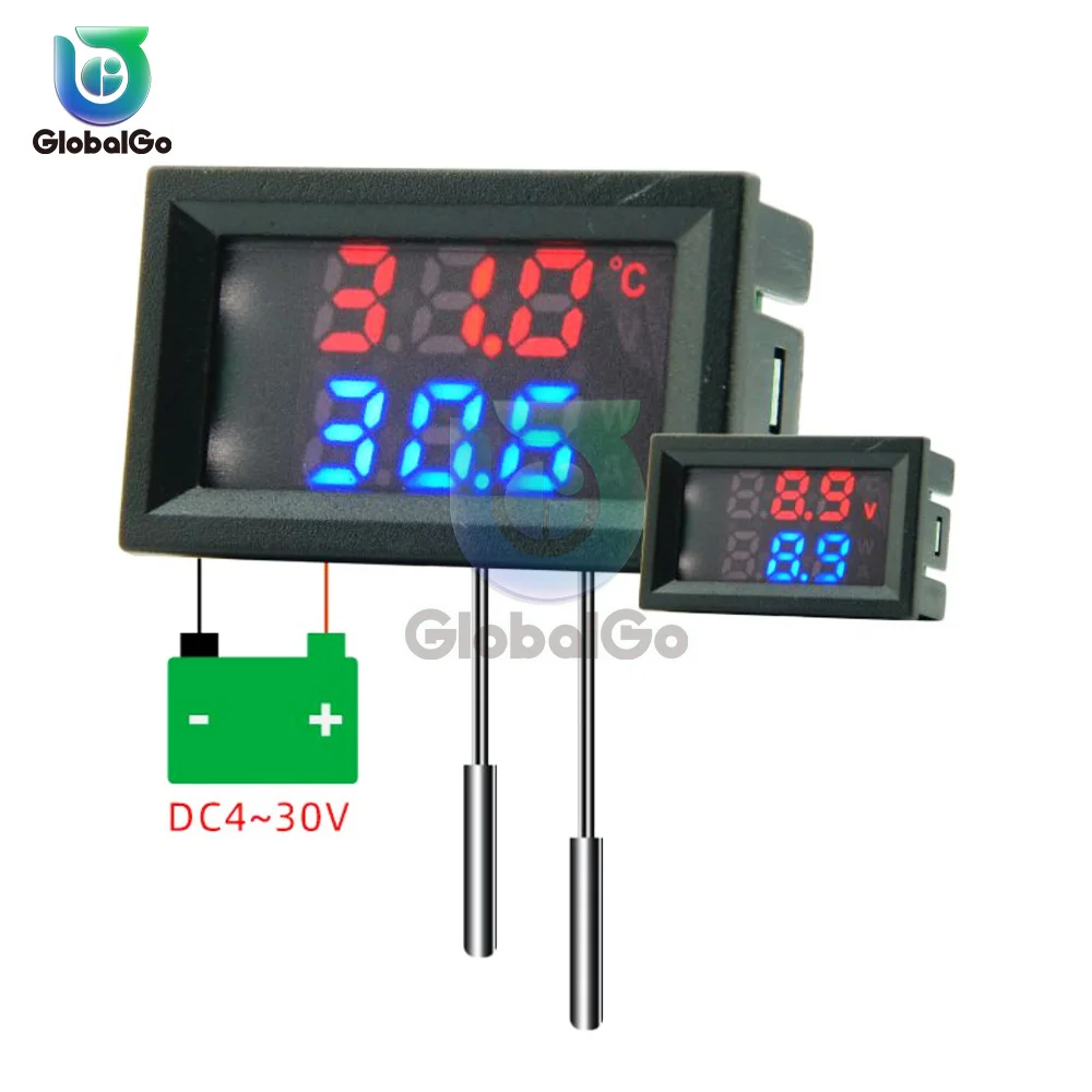 DC 4-30V 5V 12V 24V LED Display Dual Digital Temperature Sensor Single Voltage Dual Thermometer With NTC 10K 3950 Probe Cable