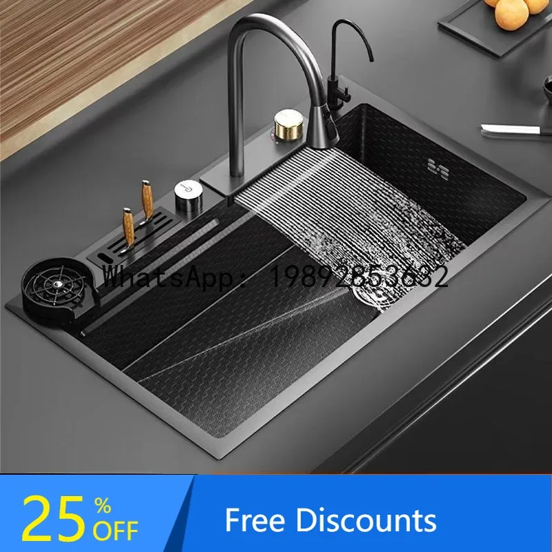 

CZ Digital Display Raindance Waterfall Large Single Slot Stainless Steel Sink Kitchen Handmade Embossed Dishwashing Basin
