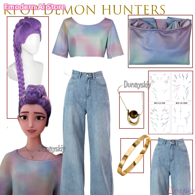 

KPop Demon Hunters Rumi Colorful Short Top Cosplay 코스프레 의상 Women Outfit Movie Halloween Music Anime Game Huntrix Disfraz Mujer‌