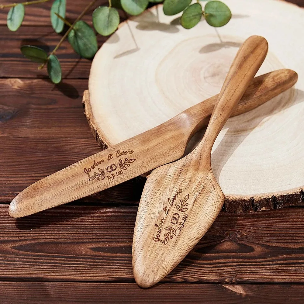 

Personalized Wood Cake Server Set for Bridal Wedding Customized Rustic Cake Knife Cutting Set With Name Wedding Decor