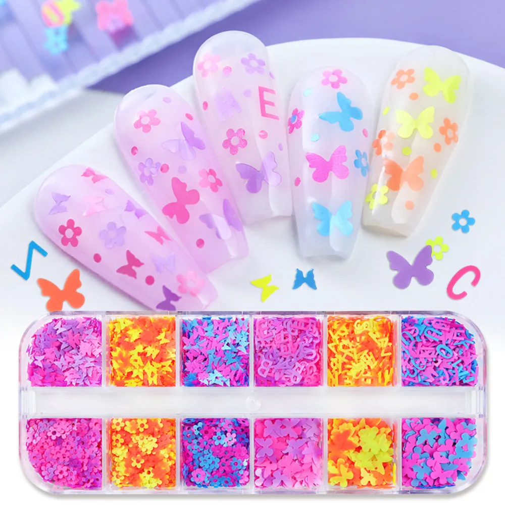 

12 Grids Mixed Colorful Nail Sequins Butterflies Love Heart Flowers Stars Letters Nail Art DIY Sequin Jewelry Wholesale