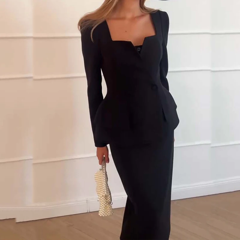 Elegant Temperament Slim Party Suit Simple Solid Commuting Outfit New Women Square Neck Long Sleeved Top + Wrap Hip Skirt Sets