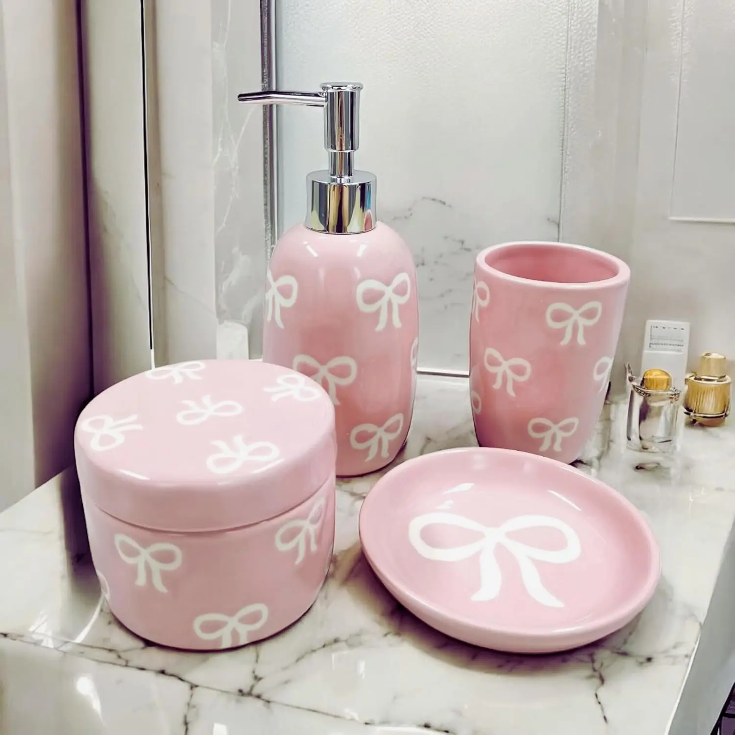 

Bow Bathroom Set, 4 Pcs Ceramic Bathroom Accessory Sets - Soap Dispenser, Tumbler Toothbrush Holder, Vanity Soap Tray, Cotton Sw