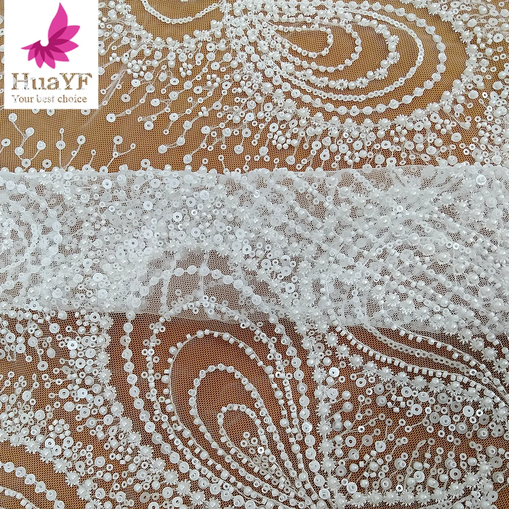 1 Yard 100% polyester luxury pearl white fancy sequins embroidered wedding lace fabric HY2510-1