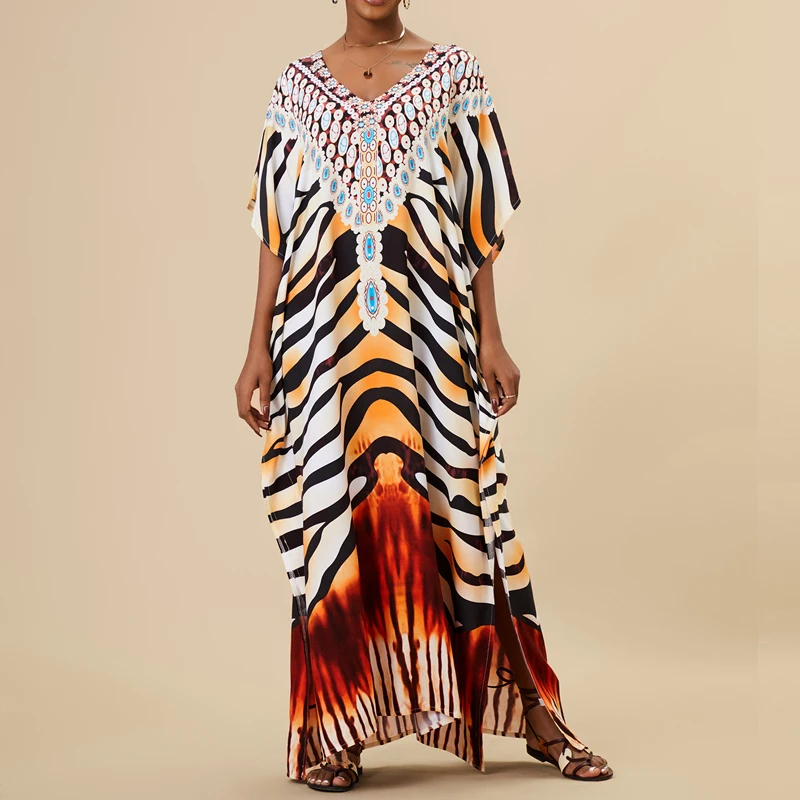 

Women Short Sleeve Draped Long Dress 2025 Female Bohemian Printed Loose V-Neck Pullover Dress Casual Summer Vacation Maxi Dress