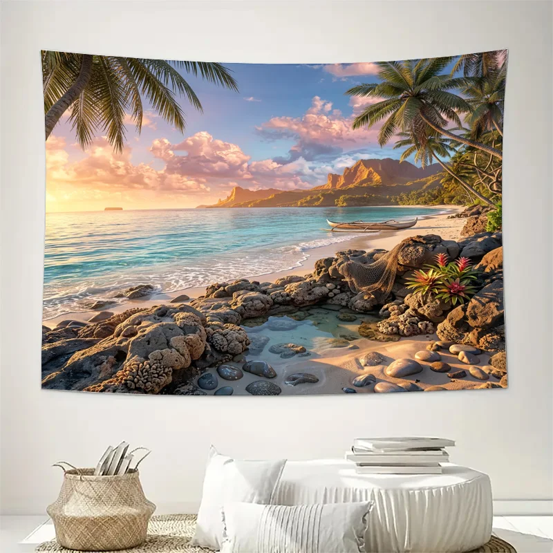 Tropical Beach Landscape Curtain Window Drapes Coastal Ocean View Paradise Palm Tree Summer Resort Curtain Sheer Sunlight Filter