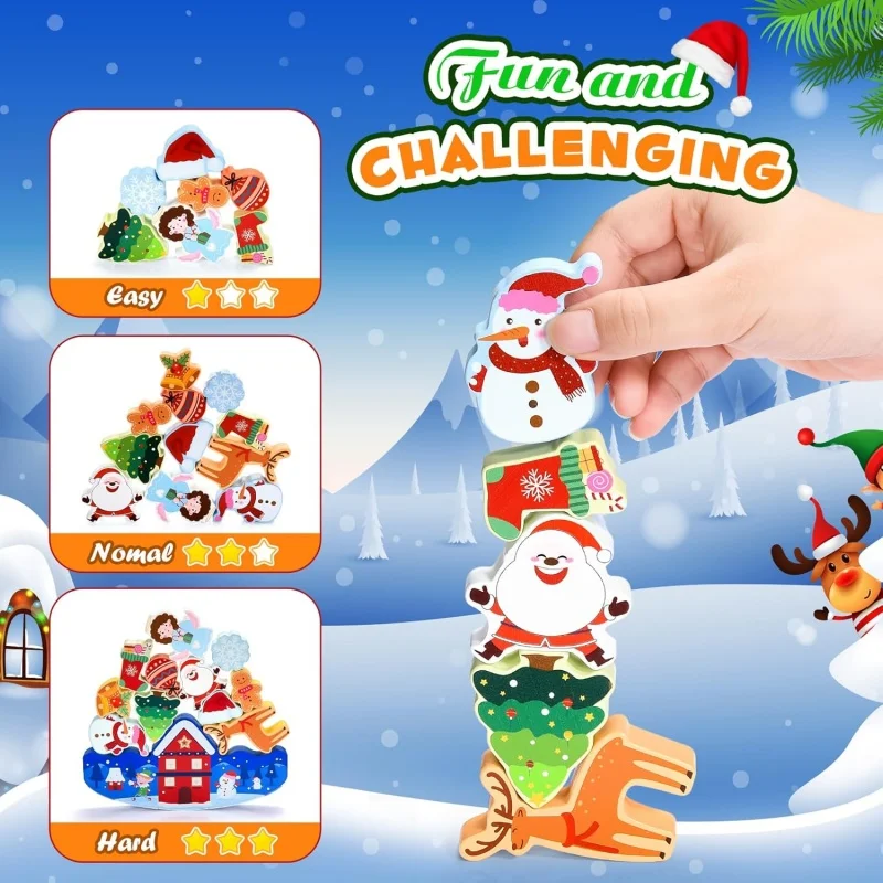 Christmas Wooden Building Blocks Stacking Toys Kids Balance Competition Game Boys Girls Sensory Puzzle Birthday Gift