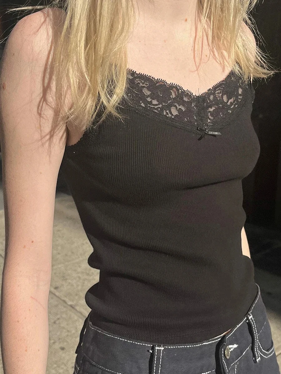 

Майка женская с кружевной отделкой, пикантный хлопковый мягкий облегающий топ в рубчик, с бантом, уличная одежда, Милый Винтажный жилет, Y2K, на лето