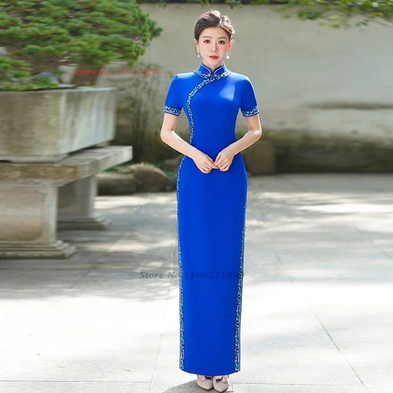 

2025 chinese improved qipao vintage cheongsam national flower embroidery formal qipao stage performance banquet evening dress