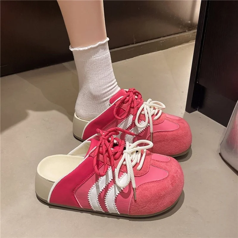 

Women Mules Shoes Sports Round Toe Flat Female Footwear Sneakers Clogs Platform Summer Slip on Creeper Baotou Slides Slippers