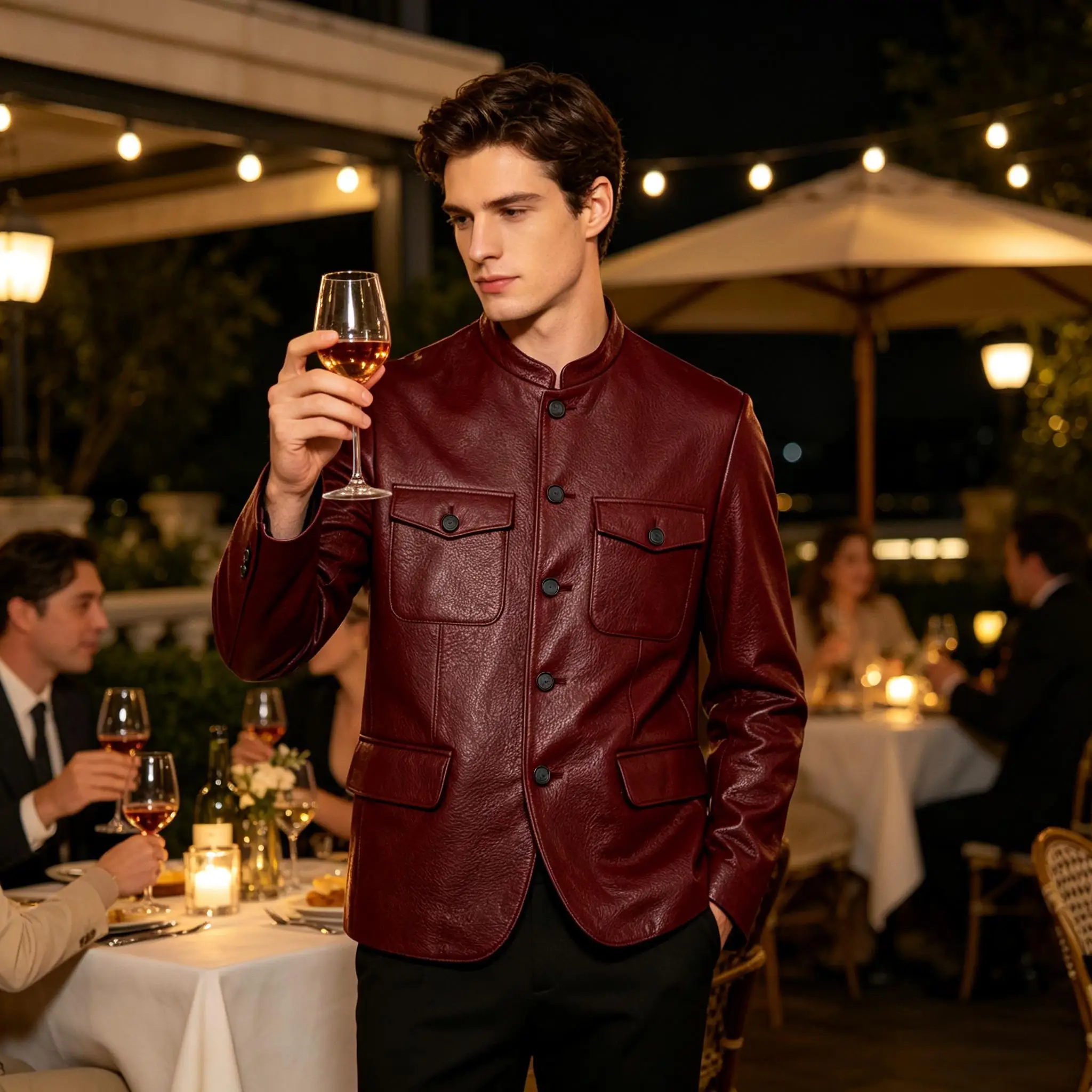 Men Premium Leather-Like Stand Collar Jacket Single Breasted Casual Multi-Pocket Slim Fit Business Outerwear